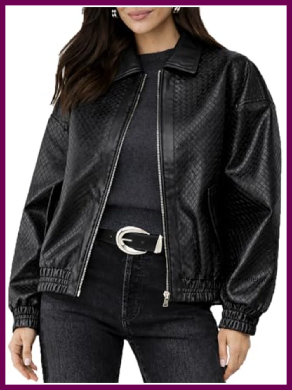 Faux Leather Bomber Jacket Textured Zip Up Cropped Street Style